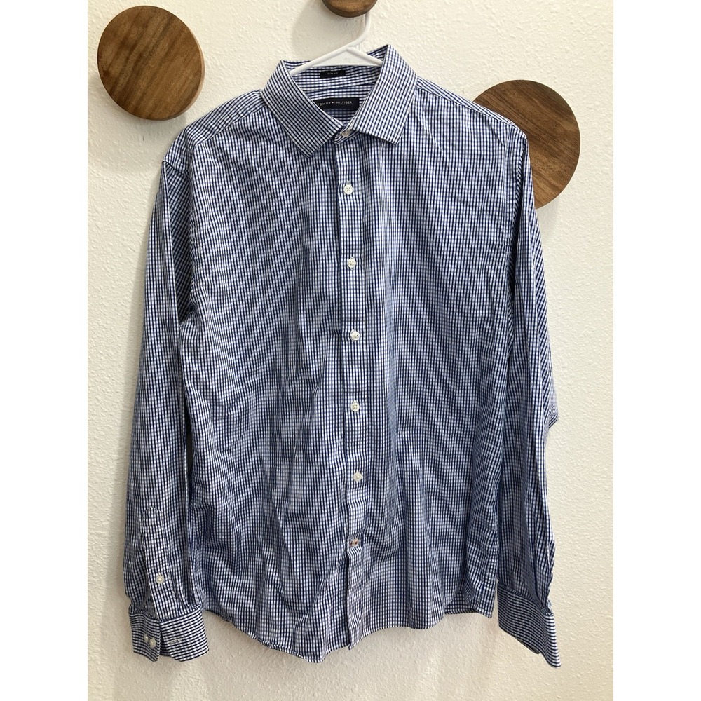 VTG Americana Tommy Hilfiger Button Up Men Sz 16 34/35 L Gingham Check Slim Fit